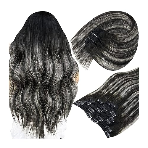 Clip-in-Haarverlängerungen 7 Stück 120 g Clip-in-Haarverlängerungen, Echthaar, Schwarz, Balayage, Clip-in-Extensions, natürliches Schwarz, Ombré, Grau, Blond, Balayage-Echthaar, Clip-in-Remy-Haar Clip