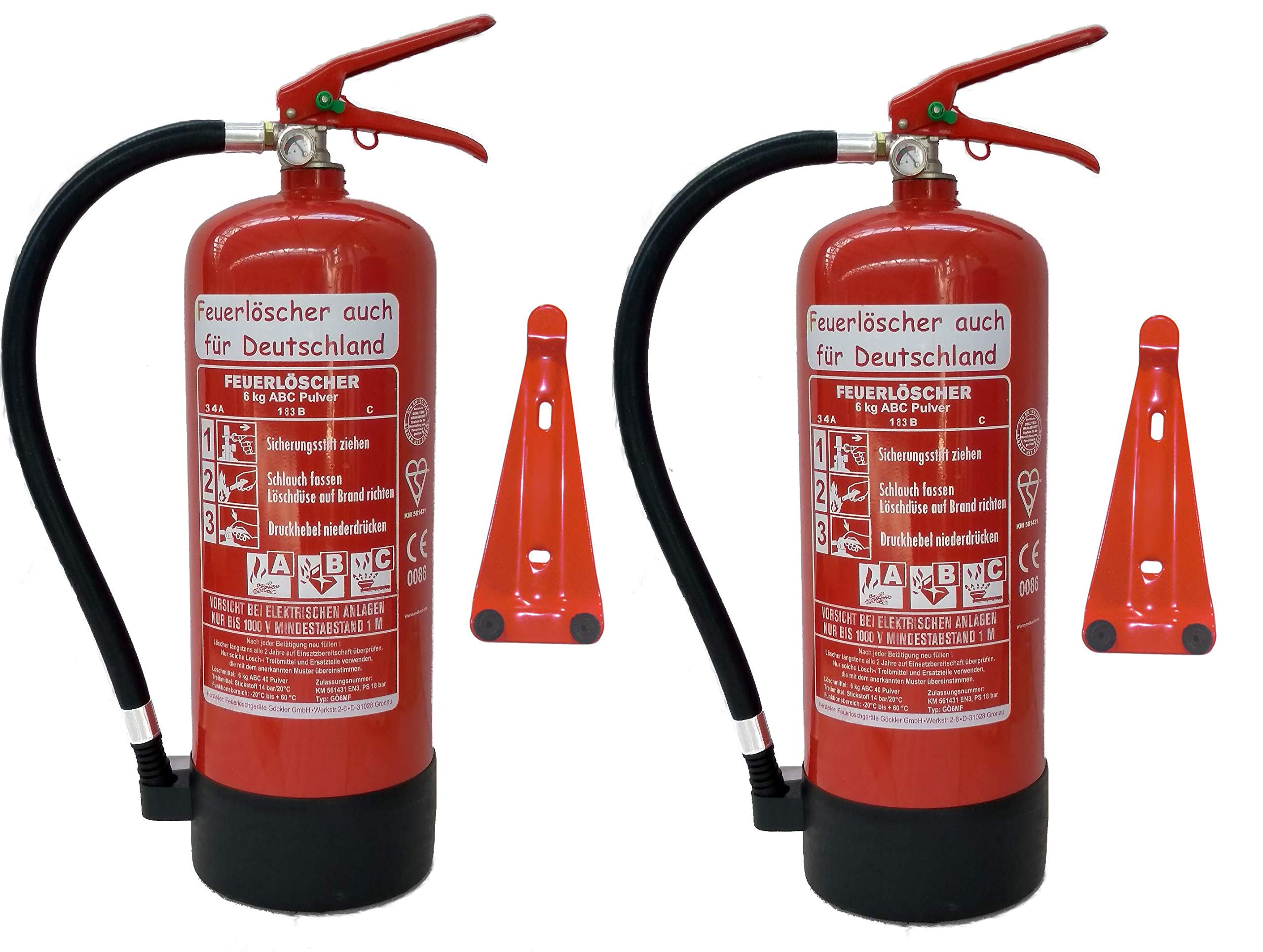 Brandengel® Feuerlöscher 2X 6kg Pulver Orginalverpackt Brandklasse ABC, EN3, Manometer, Messingarmatur + Sicherheitsventil Mit Kunststoffstandfuß mit Wandhalter (Ohne Prüfnachweis u. Jahresmarke)