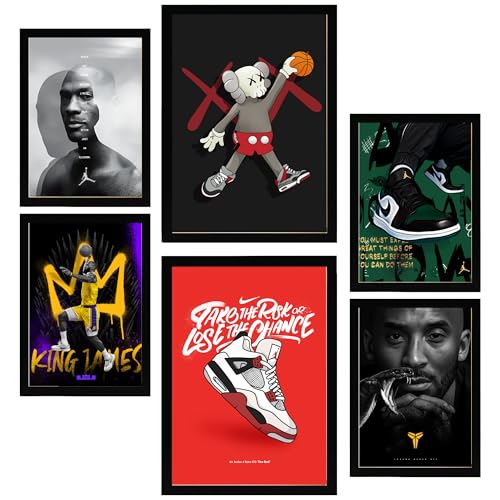 Nacnic 6er-Set Ikonischer Basketball-König James Jordan Nike Gerahmtes Poster mit Design-Illustrationen zur Dekoration der Wände Ihres Zuhause Zimmer Büro Laden Malerei A3 & A4 Schwarzer Rahmen