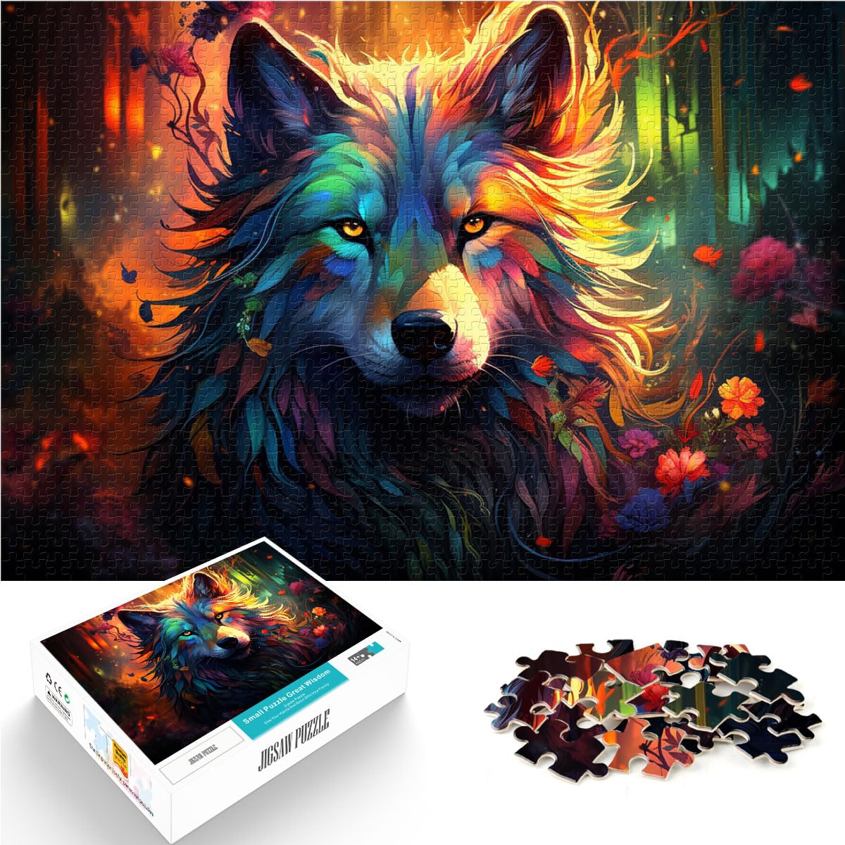 Puzzlespiele Fantasie Bunter Wolf 1000 Puzzles für Erwachsene 1000 Teile Holzpuzzle mit passendem Poster und Wissensblatt 1000 Teile (50 x 75 cm)