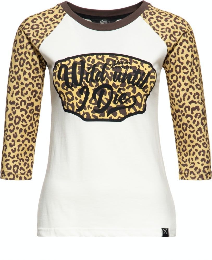 Queen Kerosin Damen 3/4 Arm T-Shirt | T-Shirt | Raglan Longsleeve | Slim Fit | Print || Leo | Leopard | Animal Print | Baumwolle | Front Print