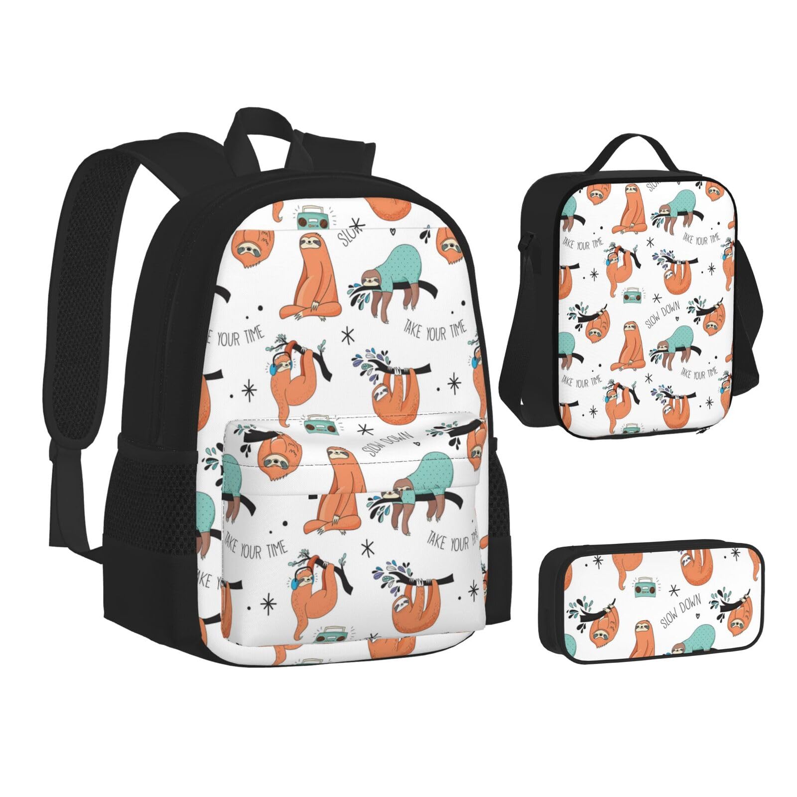 WURTON Braunes Faultier-Druck-Rucksack-Lunchbox-Set, 3-in-1-Büchertasche und Federmäppchen, passende Kombination, Schwarz, Einheitsgröße