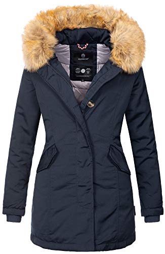 Marikoo Damen Winter Jacke Parka Mantel Winterjacke warm gefüttert B362 [B362-Karmaa-Navy-Gr.XS]