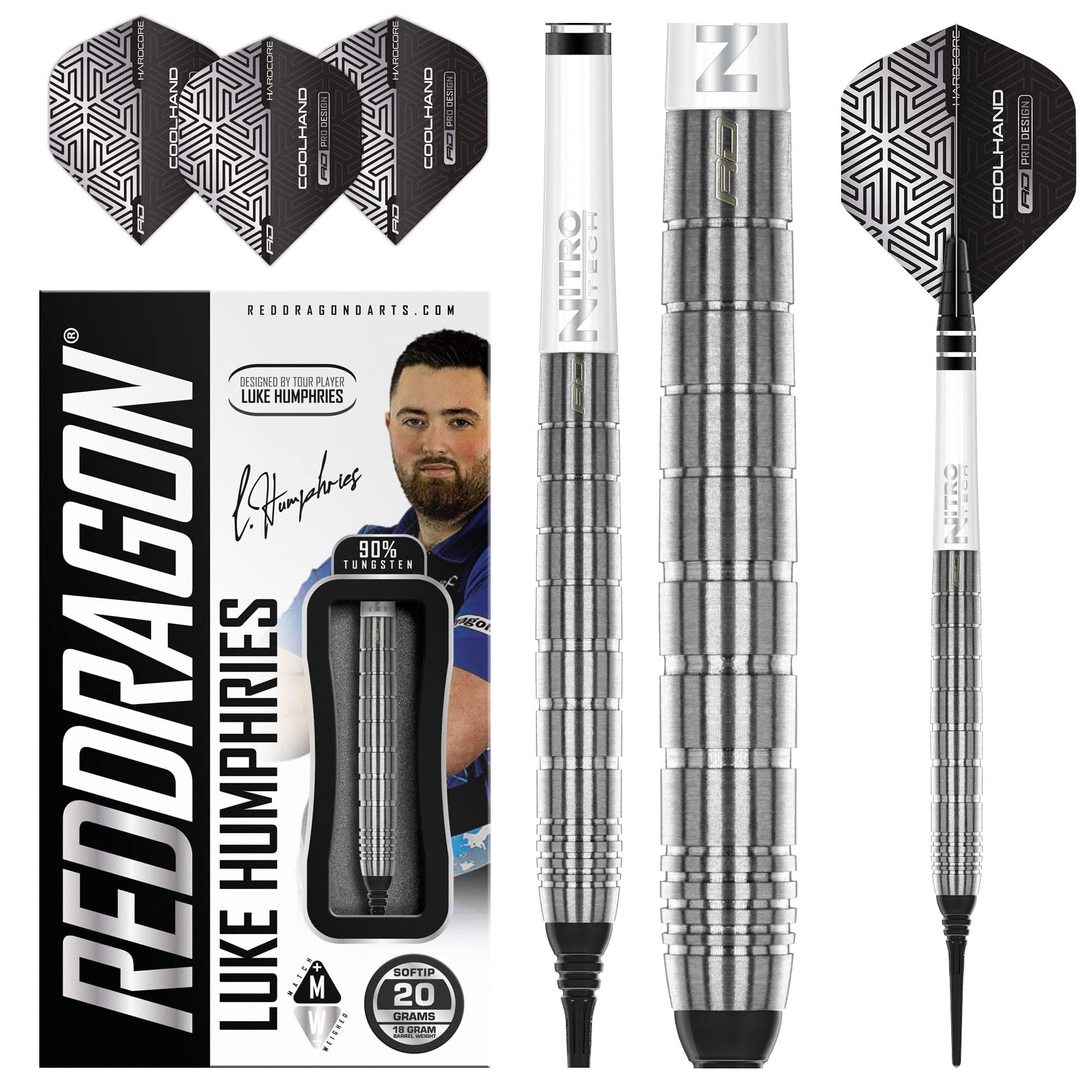 RED DRAGON Luke Humphries TX1 18 Gramm Premium Wolfram Softip Dart Set mit Flüge und Schäften