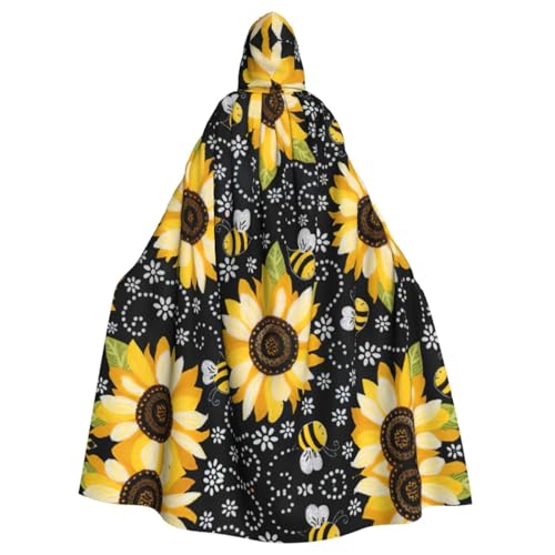 WURTON Eleganter Kapuzenumhang mit Sonnenblumen-Bienen-Druck, für Halloween, Karneval, Mottopartys, Cosplays, Erwachsene, Unisex