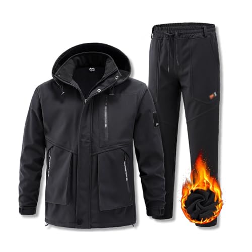 Wasserdichte Herren-Skianzüge, Herren Winter Warm Kapuzen Skianzüge Jacke Und Hose Set, Windundurchlässige Wasserdichte Atmungsaktive Skianzüge, Für Die Arbeit Im Freien, Skifahren ( Color : Black , S