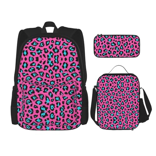 WURTON Schulrucksack-Set mit süßem Leopardenmuster, 3-in-1, Büchertaschen-Set mit Lunchbox, Federmäppchen, Reise-Laptop-Tagesrucksäcke, Türkis