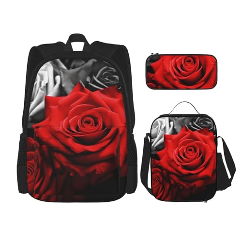 DENMER Mehrzweck-Schulranzen mit passendem Federmäppchen und Lunchtasche, Set - Ihre stilvolle All-in-One-Lösung, Schwarze, weiße und rote Rosen, Einheitsgröße