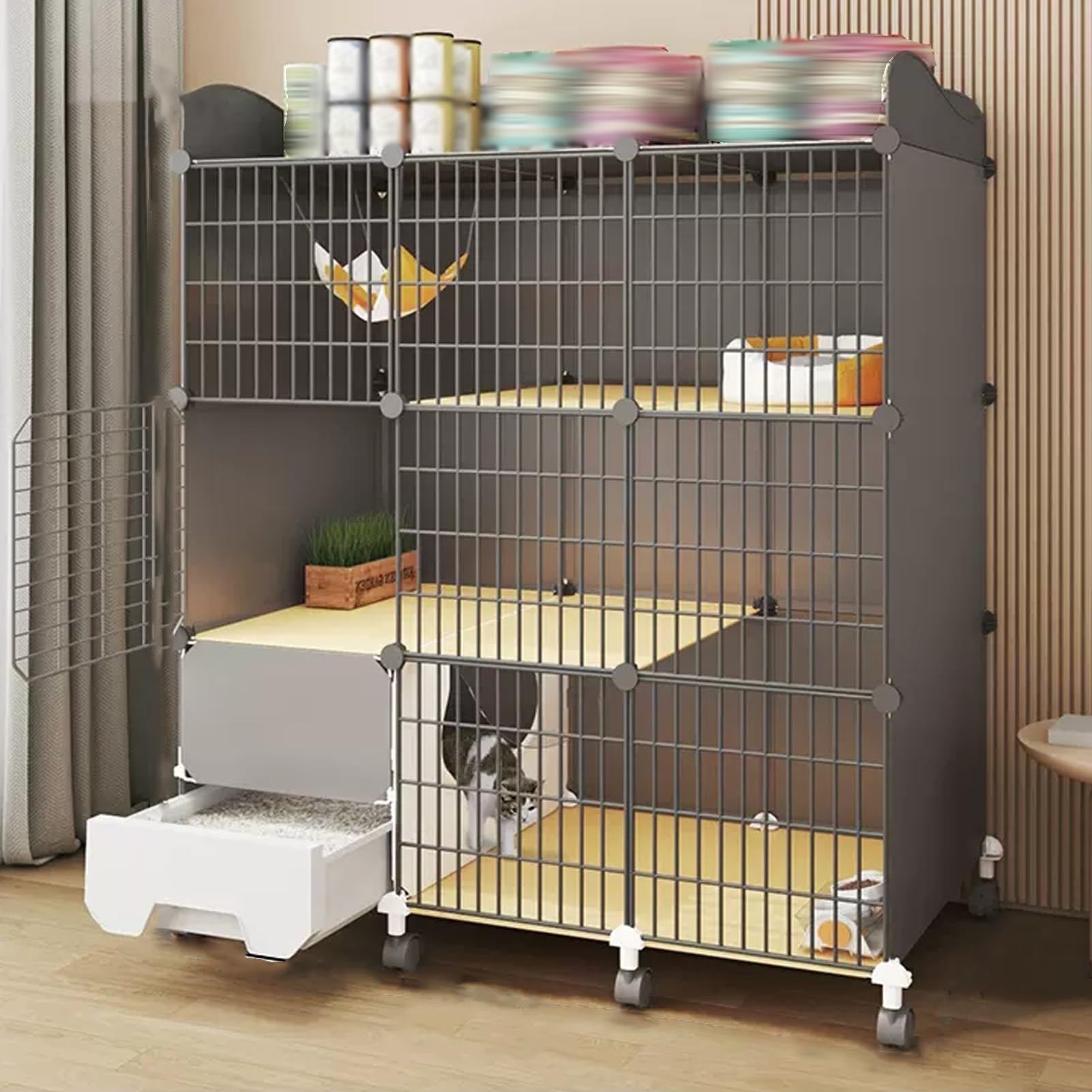 Katzenkäfig mit Katzentoilette, Katzengehege mit 360°-Lenkrollen und Katzenkletterleiter, Laufstall für Haustiere im Innenbereich, Abnehmbare Kleintierkäfige aus Metalldraht (Größe