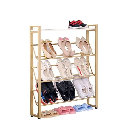 Platzsparender Schuhschrank Schmales Schuhregal, 4-stufiger Schuh-Organizer mit weißem Holzregal, platzsparendes Schuhregal aus goldfarbenem Metall for Eingangsbereich, Flur, Wohnzimmer Schuhaufbewahr