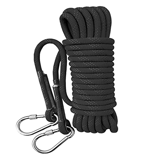 QHY Kletterseil 12mm Hochfestes Sicherheitsseil Rettungsseil Mit Karabiner Statisches Kletterseil Allzweckseil Festmacherleine Heavy Duty Seil Leine Outdoor (Color : Black, Size : 30m*12mm)