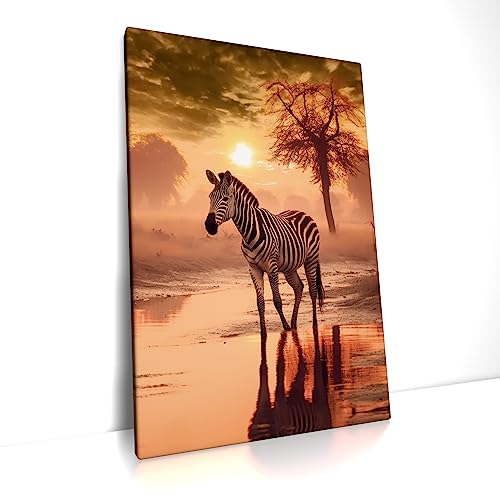 Zebra - Leinwand Bild - Afrika Sonnenuntergang Wandbild aufhängefertig Kunst Druck Bilder Wand Deko Modern Art XXL Wohnzimmer (70 x 50 cm, Leinwand auf Keilrahmen, Zabra)