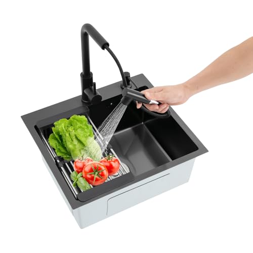 Küchenspüle Wäscherei Waschbecken 50 X 45CM Edelstahl Schwarze Spüle Küche Drop-in Wäschespüle Topmount Küchenspüle 1 Becken mit Ausziehbare Wasserhahn Über