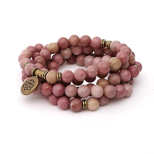 Natursteinperlen 108 Mala Gebetsarmband oder Halskette für Frauen Männer Lotus Anhänger rotes Holz Steinperlen Strang Armband, Buddha Bronze