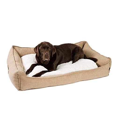 JAMAXX Premium Hundebett in Edler Leinen-Optik/Orthopädisch Memory Visco Schaumstoff/Waschbar Bezug Abnehmbar, mit Wendekissen, Hochwertiger Hunde-Korb Hundekörbchen S-XL (L) 120x90 Coffee-beige