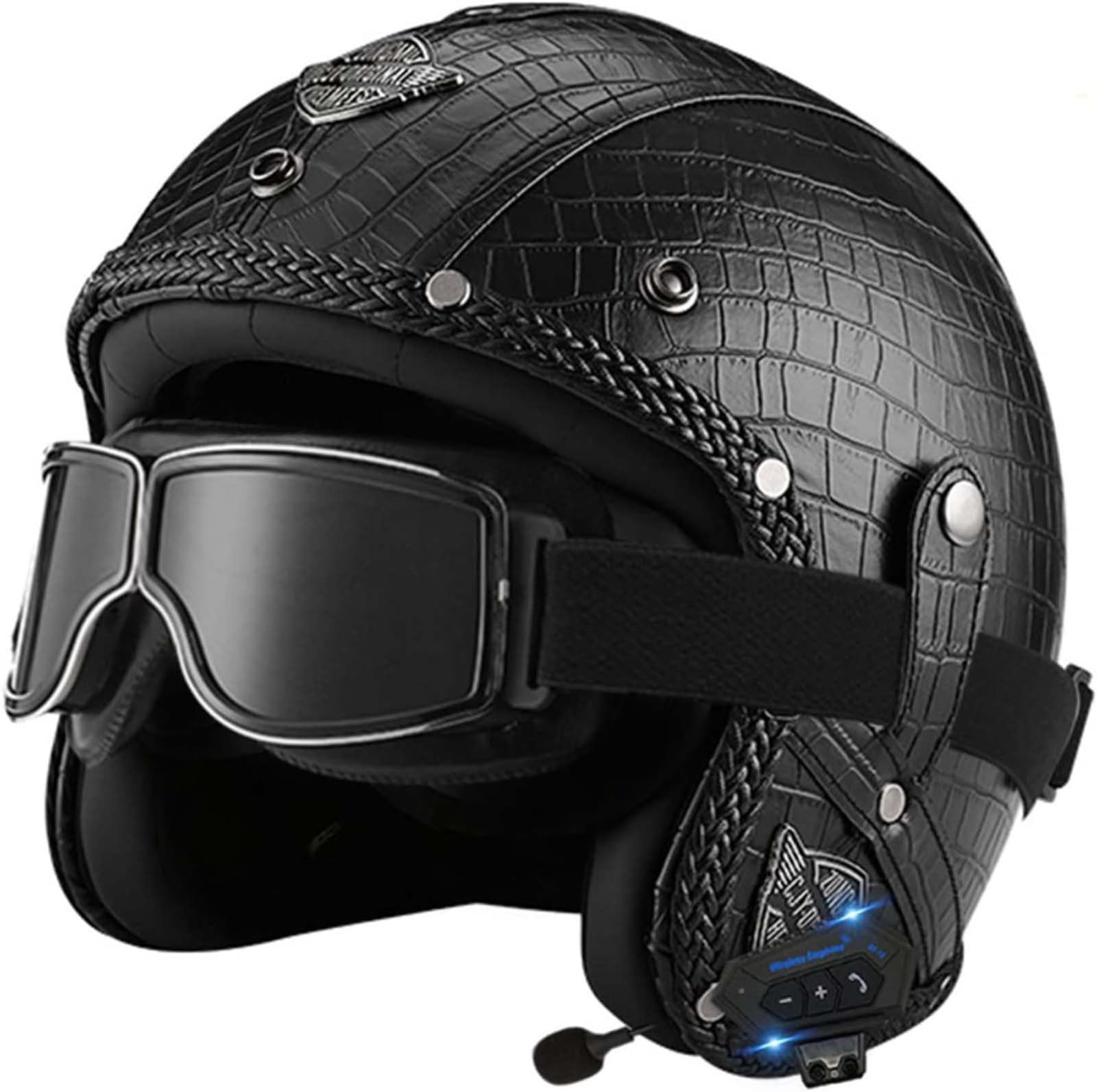 Offener Helm, Motorradhelm, Integrierter Bluetooth-Motorrad-Halbhelm, Retro-Vintage-Motor-Jet-Helm Mit Sonnenblende, Für Männer, Frauen, Erwachsene, DOT/ECE-Geprüft H,S55-56cm