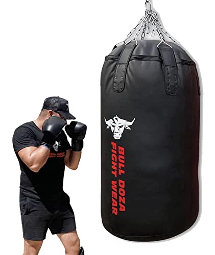 BULL DOZA FIGHT WEAR Riesiger, strapazierfähiger selbstbefüllbarer Boxsack – mit hängenden Ketten, Wirbel, Karabiner – für MMA, Kickboxen, Muay Thai, Kampfsport (Schwarz, XXL Jumbo Tank 3.5FT)