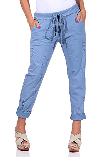 Mississhop 350 Damen Hose Cargohose Sterne Sweatpants Jogginghose Baumwolle Freizeithose Boyfriend Baggy Haremshose zerrissene Hose Outfit mit Gummibund Jeansblau