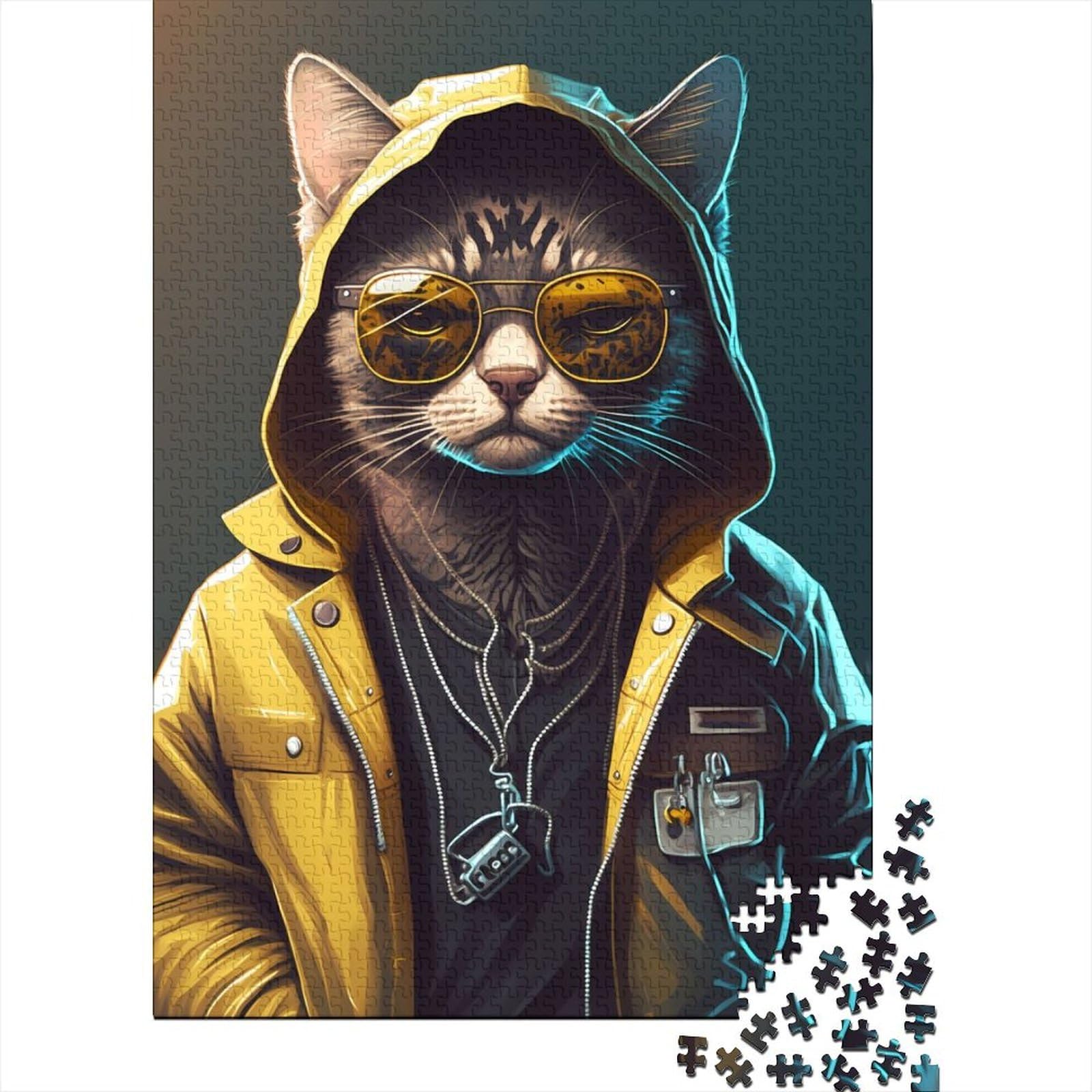 Cyberpunk Cool Cat Holzpuzzle Puzzle für Erwachsene und Teenager, 1000 Teile, Puzzle für Erwachsene, Geschenke, Spaß für die ganze Familie, Puzzle 75 x 50 cm