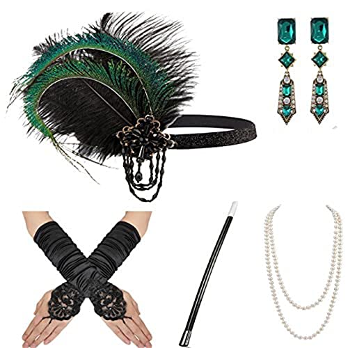 Yeselino Flapper-Zubehör für Damen, Party-Kostüm, Stirnband, Halskette, Ohrringe, Handschuhe, Halter für Cocktail-Party, Abschlussball