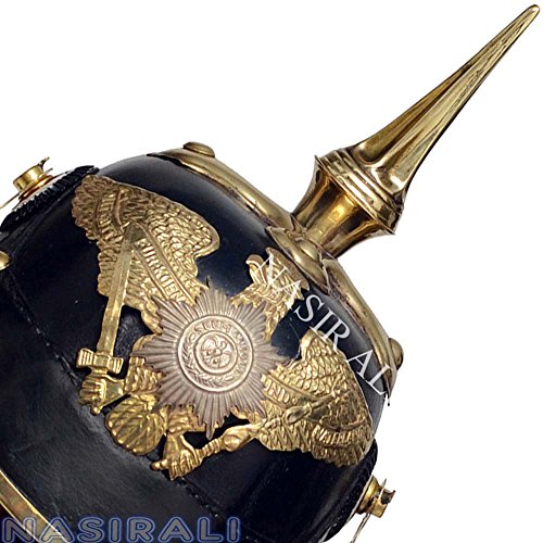 NASIR ALI WWI Deutscher Preußischer Helm Leder Pickelhaube Helm mit Messing Kinnriemen