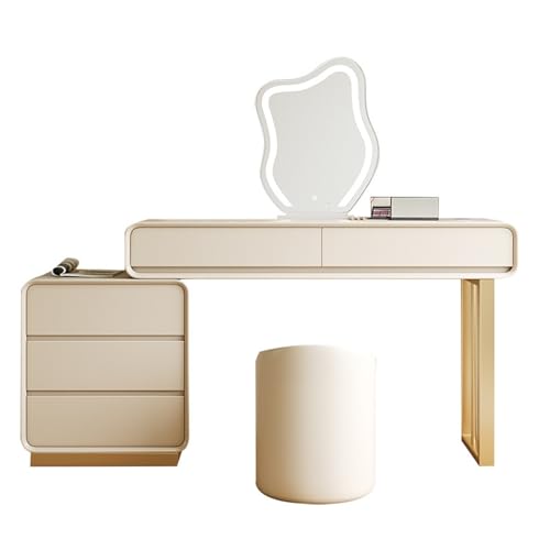 Schminktisch Schminktisch mit Spiegel und Stuhl, Schminktisch mit Stauraum, Kommode, Schminktisch, Schminktisch mit Kunstleder-Finish Frisiertisch Kosmetiktisch(Beige,L 120cm*D40cm*H78cm)