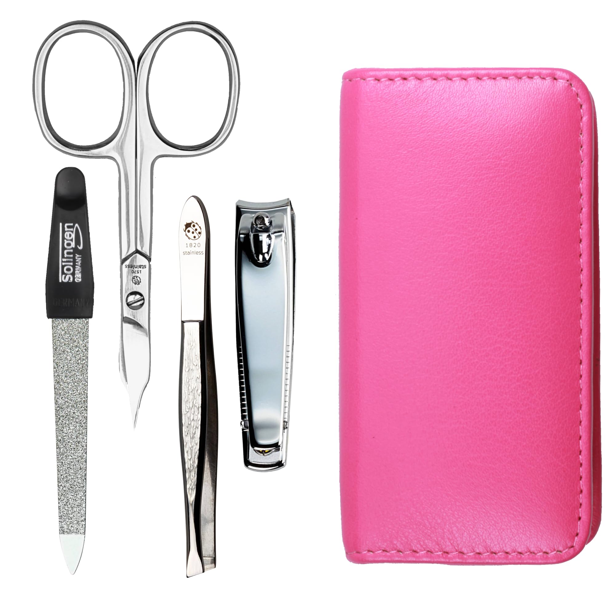 Maniküre Set 4 teilig Reise Etui - Nagelschere, Nagelknipser, Nagelfeile und Pinzette - Etui aus echtem Nappa-Lammleder - Maniküre und Pediküre (Pink)