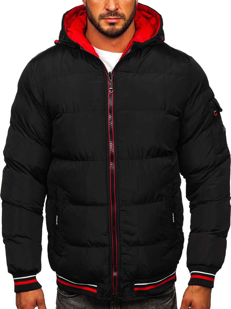 BOLF Herren Winterjacke Steppjacke Sportjacke Daunenjacke Puffer Jacket Kapuze Stehkragen Warm Gefüttert Gepolstert Wasserabweisend Winddicht Outdoor Casual Style Street Look 7410 Schwarz-Rot S [4D4]