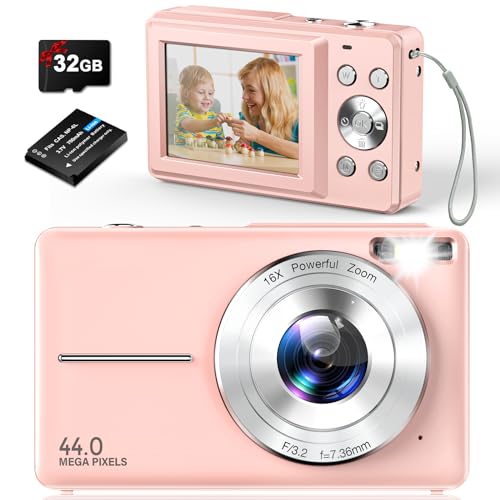 Digitalkamera Fotokamera Kompaktkamera Fotoapparat Digital Kamera FHD 1080P 44MP Digitalkameras mit 16X DigitalZoom 2.4" LCD, 32Gb Karte für Kinder, Jugendliche, Jungen, Mädchen, Anfänger(Rosa)