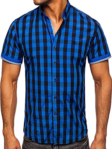 BOLF Herren Kurzarmhemd Kariert Freizeithemd Kurzärmliges Elegant Business Party Hemd Kentkragen Sommer Farbwahl Slim Fit Casual Style 4508 Schwarz-Blau M [2B2]