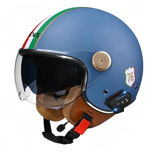 3/4-Bluetooth-Helm mit offenem Gesicht, Vintage-Motorrad-Halbhelm, ECE-zugelassenes Moped mit Doppelvisier, Motorradhelm für Männer, Erwachsene, Frauen K,XXL63-64CM