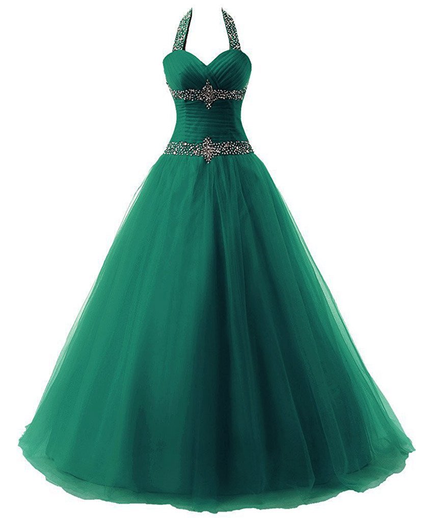 Zorayi Damen Lange Halfter Kristall Tüll A-Linie Abendkleid Prom Ballkleid Partykleider Smaragd Größe 44