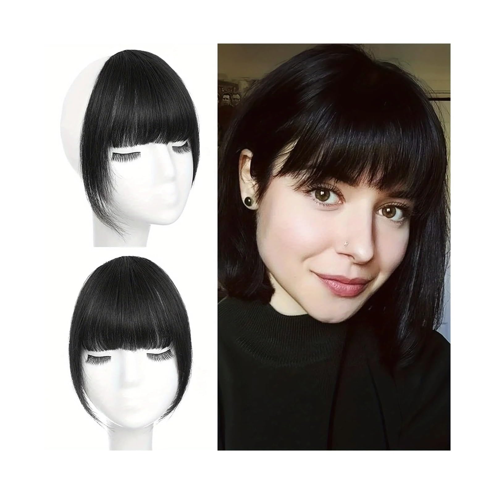 Pony Extension für Damen French Style Air Bangs Clip-in-Pony-Schläfen-Haarteile mit Koteletten, glattes Echthaar, tägliches Tragen und spurloses Frisieren Fringe Bangs(Natural Black)