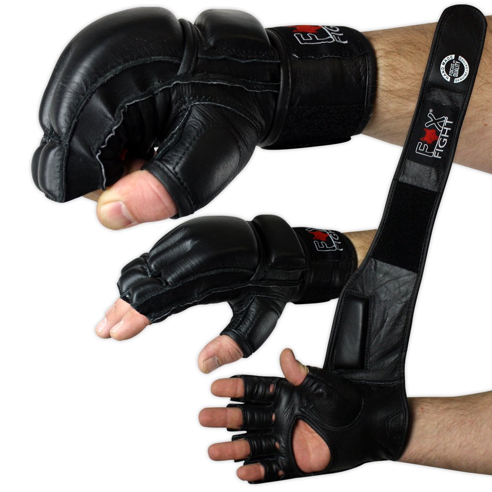 FOX-FIGHT Freefight MMA Handschuhe professionelle hochwertige Qualität echtes Leder Boxhandschuhe Sandsack Training Sparring Muay Thai Kickbox Kampfsport BJJ Sandsackhandschuhe Gloves schwarz, M