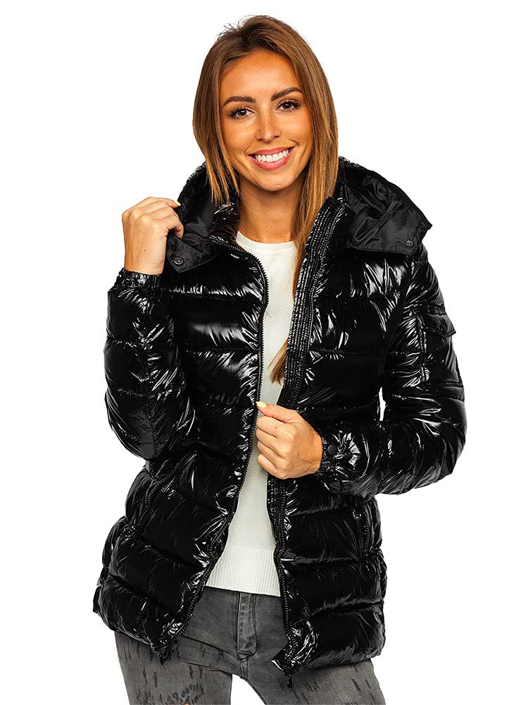 BOLF Damen Winterjacke Steppjacke mit Kapuze Daunenjacke Reißverschluss Sportjacke Zip Wärme Freizeit Outdoor Basic Casual Style B9583 Schwarz XL [D4D]