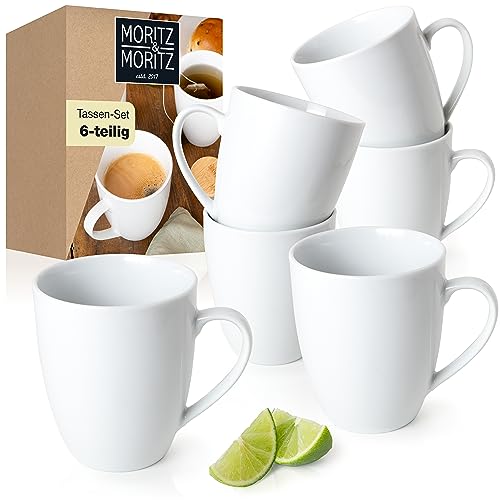 Moritz & Moritz BASIC Kaffeetassen Set 6-teilig – ca. 350ml aus hochwertigem Porzellan in klassischem Weiß – Stilvolles Design mit Henkel – Perfekt für Kaffee, Tee, heiße Schokolade, Cappuccino