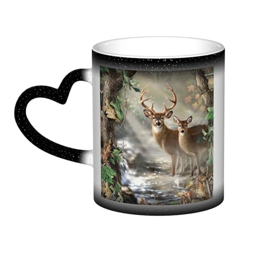 WURTON Keramik-Kaffeetasse mit Camouflage-Hirsch-Druck, Farbwechsel-Tasse im Himmel, Geschenk für Familie und Freunde