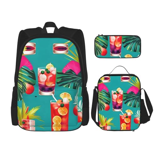 YQxwJL 3-in-1-Rucksack-Büchertaschen-Set, tropischer Cocktail-Druck, lässiger Reiserucksack, mit Federmäppchen, Lunchtasche