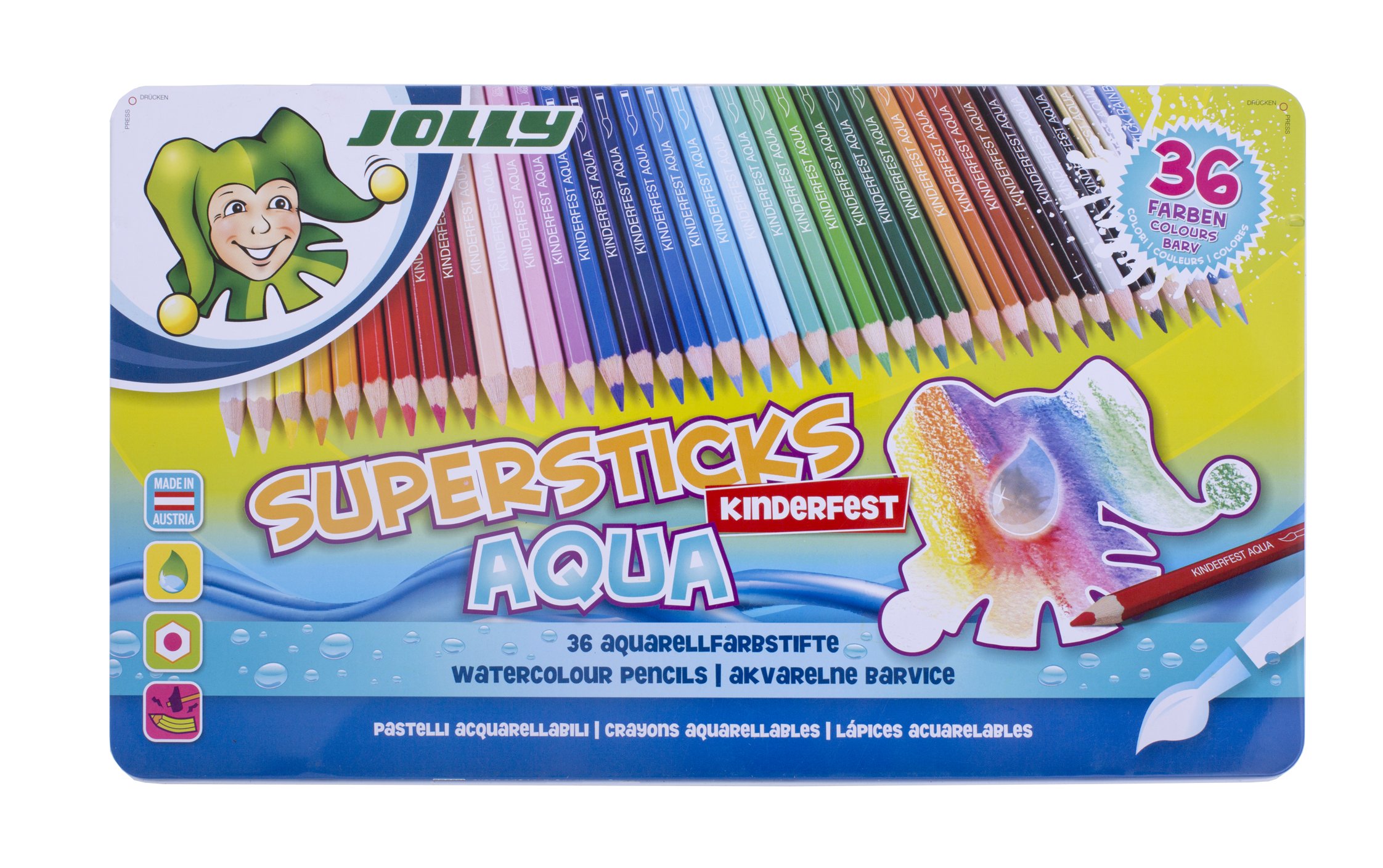 JOLLY Superstick Aqua Buntstifte – 36 Wasservermalbare Farbstifte, Aquarellierbar, Bruchsicher mit 3.8 mm Mine, Verstärkter Holzmantel, Ideal für Kinder ab 5 Jahren