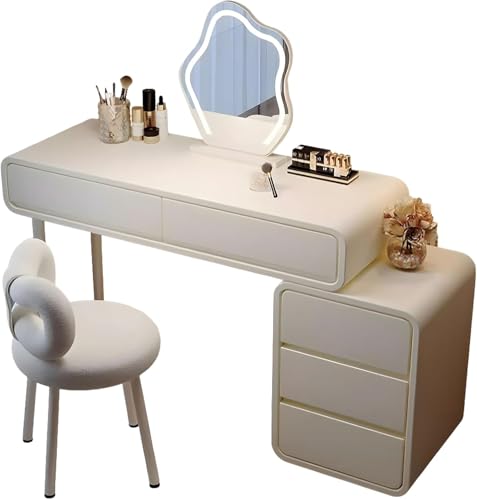 Modernes Schminktisch-Set, Schlafzimmer-Schminktisch mit LED-Spiegel und gepolstertem Stuhl, ausziehbarer Schminktisch mit Schubladen und Aufbewahrungsschrank für Mädchen und Frauen, Beige,