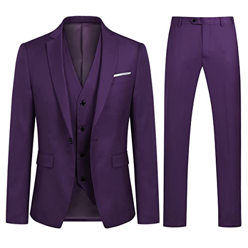 Anzug Herren Slim Fit 3 Teilig Anzüge Modern Herrenanzug 3-Teilig Sakko Hose Weste für Business Hochzeit Violett X-Large