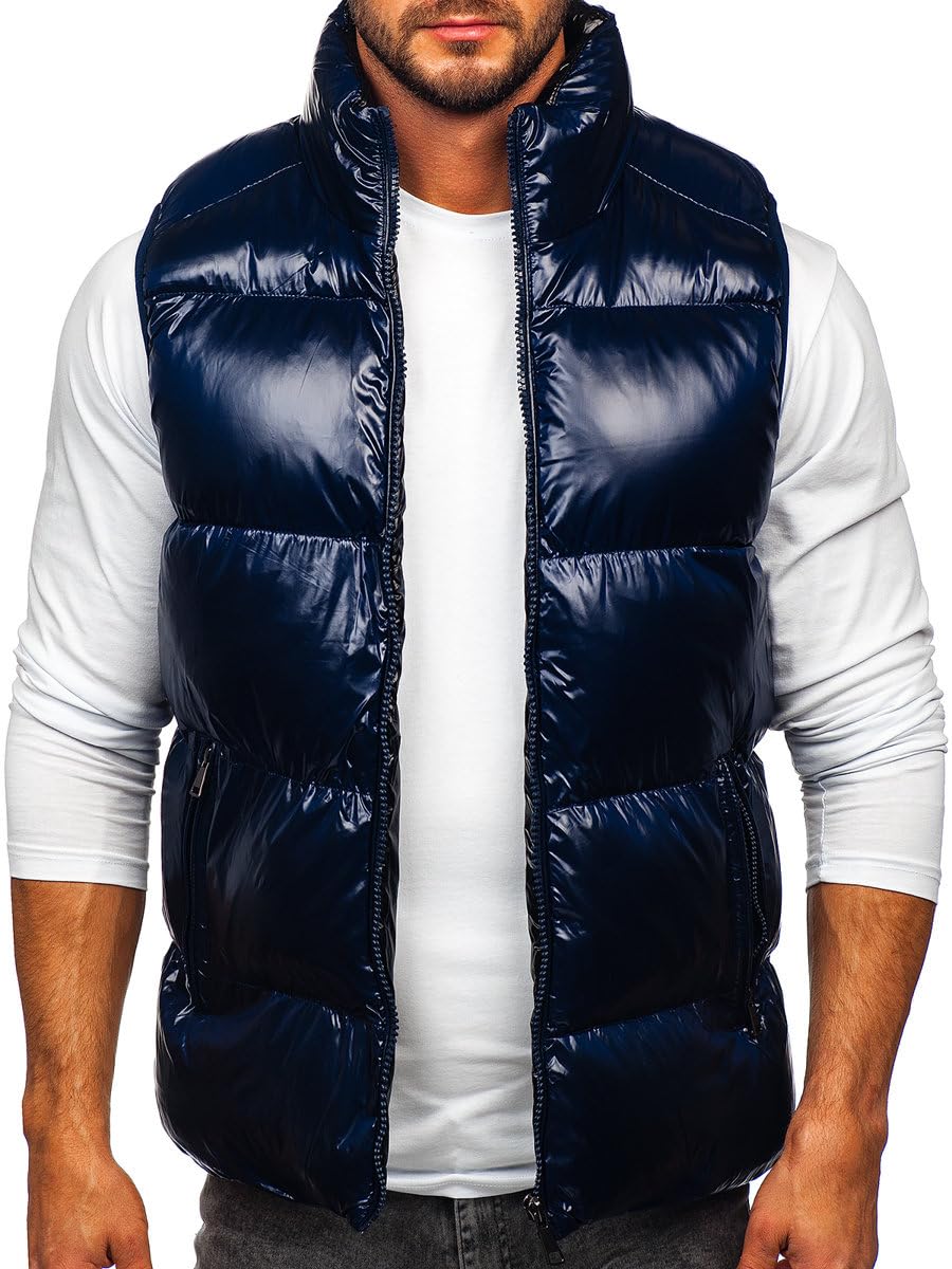 BOLF Herren Weste mit Stehkragen Steppweste Bodywarmer Daunenweste Reißverschluss Ärmellose Sportweste Zip Wärme Freizeit Outdoor Style 9968 Dunkelblau XXL [1U1]