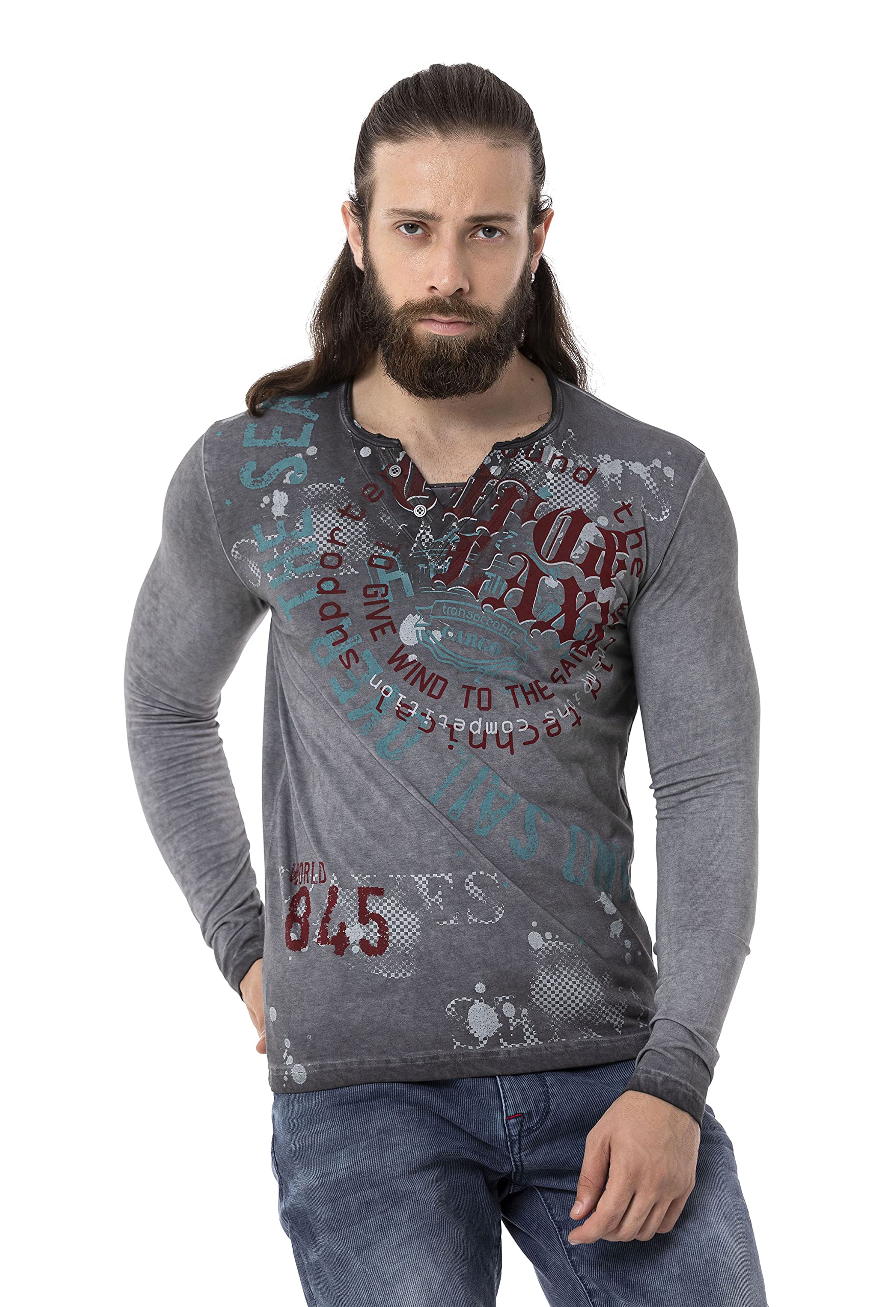 Cipo & Baxx Herren Longsleeve Shirt Sweatshirt Langarmshirt Rundhals Print CL512 Anthracite M