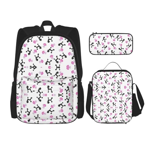 WURTON Girly Pink Parfümflasche und Pudel-Druck, verstellbare Schultergurte, Rucksack-Set, Lunch-Tasche, Federmäppchen, Kombinationstaschen-Set