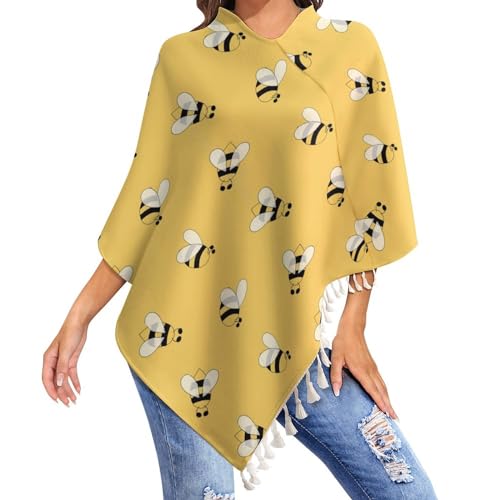 HABXNJF Damen Casual Poncho Top, niedlicher Bienenschal für Frauen, Wickelschal mit Quasten für Herbst, Winter, Weiß-süße Biene, One size