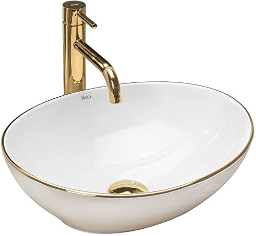 Rea Aufsatzwaschbecken Sofia Gold Edge Waschtisch Handwaschbecken Spülbecken Waschschale Waschbecken für Badezimmer aus hochwertiger Keramik 410 mm x 345 mm x 150 mm (weiß)