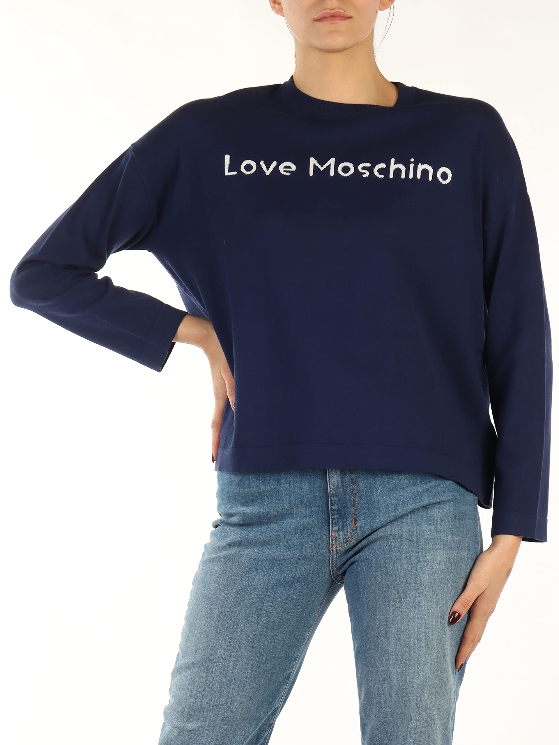 Love Moschino Women's Long-Sleeved Roundneck Pullover, Dark Blue, 48