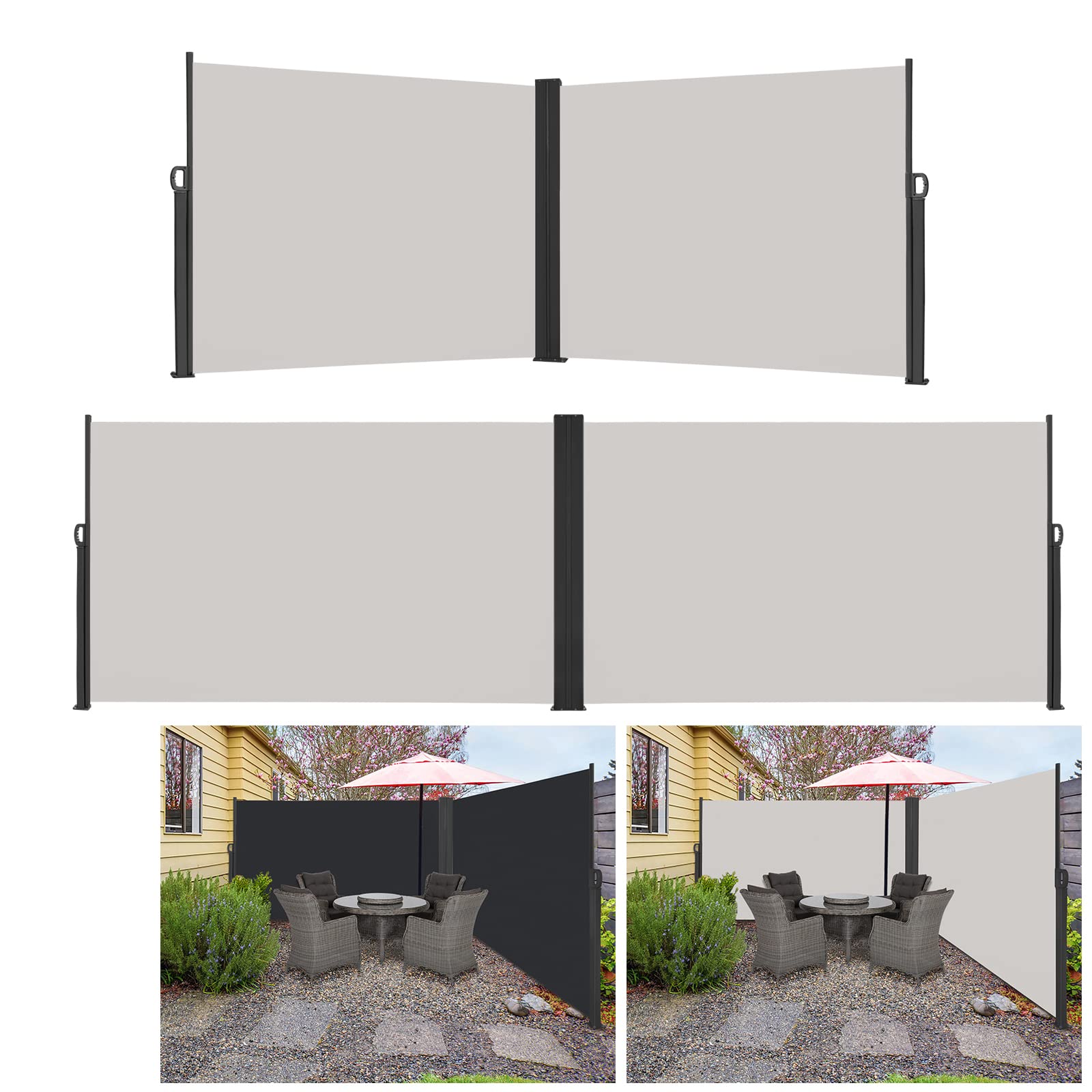 HENGMEI Doppelseitenmarkise Seitenmarkise Ausziehbar Markisen Sonnenschutz Balkon Sichtschutz für Balkon Terrasse Garten Aussen(200x600cm, Grau)