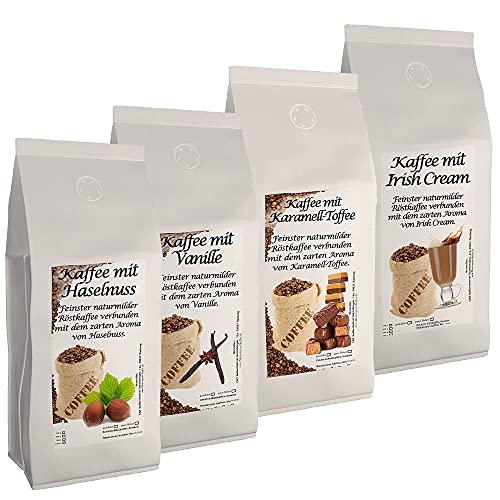 4 x 500g der leckersten Aromakaffee-Sorten Haselnuss, Irish Cream, Vanille, Karamell Toffee ganze Bohne