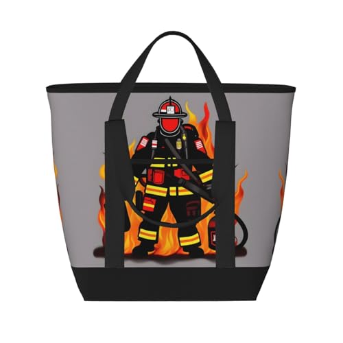 YQxwJL Isolierte Kühltasche mit Feuerwehrmann-Aufdruck, großes Fassungsvermögen, Einkaufstasche, Reisetasche, Strand, wiederverwendbare Einkaufstasche für Erwachsene, Schwarz, Einheitsgröße